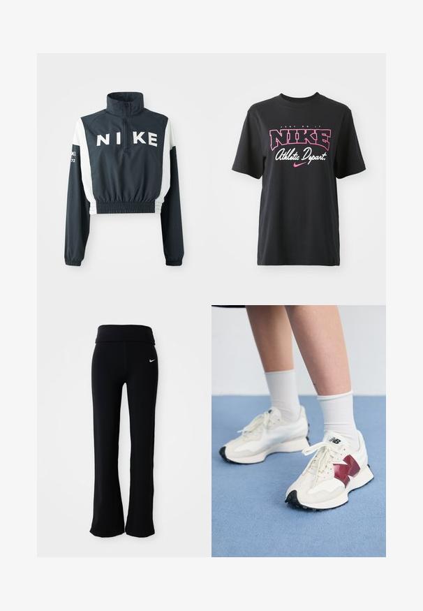 Nike kort jacka med hög krage, mörk marinblå kropp, vita ärmar, elastisk nederkant, stort logotyp framtill och små textdetaljer på ärmarna.; Svart bomulls-T-shirt med ett grafiskt tryck i rosa och vitt med texten "JUST DO IT", "NIKE" och "Athletic Depart." Standard passform.; Svarta träningbyxor med en bred midja, tillverkade av ett slätt, stretchigt material. Har en liten, vit Nike-logotyp på höften.; Ett par vita sneakers med vinröda detaljer, texturerade paneler, platt svart sula och ljusa snören, bärs med vita ankelsockor.