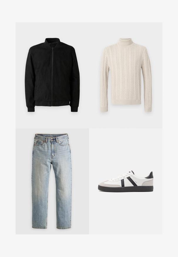 Crna bomber jakna s patentnim zatvaračem, rebrastim ovratnikom i manžetama te glatkom teksturom. Izrađena od izdržljive, mekane tkanine.; Bežani, pleteni pulover s visokim rebrastim okovratnikom. Ima reljefni kabelski uzorak te rebraste manžete i rub, što pruža ugodan izgled.; Svijetloplave traperice visoki struk, prednji gumb, zatvarač i dizajn s pet džepova, položene ravno na neutralnoj pozadini.; Bijele tenisice s crnim i sivim detaljima, s teksturiranim sivim zaštitnikom prstiju, crnim gumene potplate i ravnim bijelim vezicama. Čist dizajn, minimalistički stil.