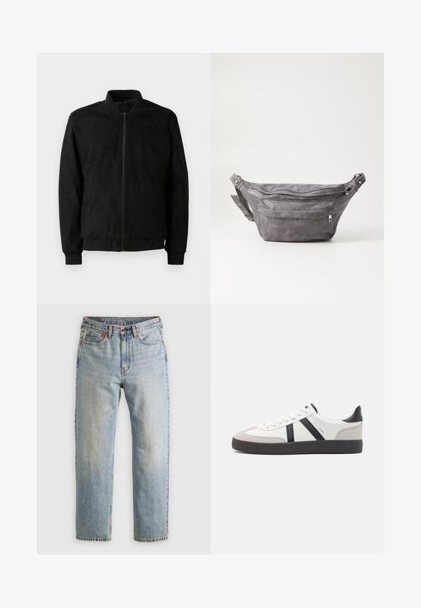 Čierna bomber bunda s uzáverom na zips, rebrovaným golierom a manžetami, a hladkou textúrou. Vyrobená z odolného, jemného materiálu.; Tmavohnedá mikina z jemnej látky, so klokaniu kapsou, šnúrkami a bielym textovým logom na ľavej strane hrude.; Svetlomodré džínsy s vysokým pásom, predným gombíkom, zipsom a dizajnom s piatimi vreckami, rozložené na neutrálnom pozadí.; Biele tenisky s čiernymi a šedými akcentmi, s textúrovanou šedou špičkou, čiernou gumovou podrážkou a plochými bielymi šnúrkami. Čistý dizajn, minimalistický štýl.; Sivá semišová ľadvinka s okrúhlym tvarom, dvoma zipsovými priehradkami a nastaviteľným popruhom. Obsahuje kovové prvky.