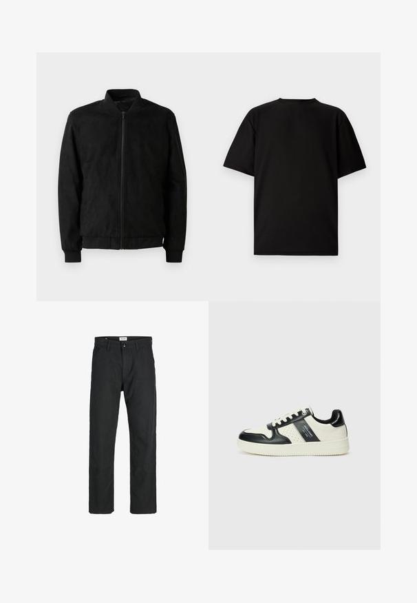 Chaqueta bomber negra con cierre de cremallera, cuello y puños acanalados, y textura suave. Fabricada con un material duradero y suave.; Camiseta negra de manga corta hecha de tela acanalada. Presenta un cuello redondo y un corte relajado con una textura suave. Vista trasera únicamente.; Pantalones negros de tela duradera, con un diseño de pierna recta, detalles cosidos y dos bolsillos frontales para mayor funcionalidad.; Zapatillas de cuero con un esquema de colores negro y crema, que cuentan con acentos perforados, un collar acolchado y una suela texturizada.