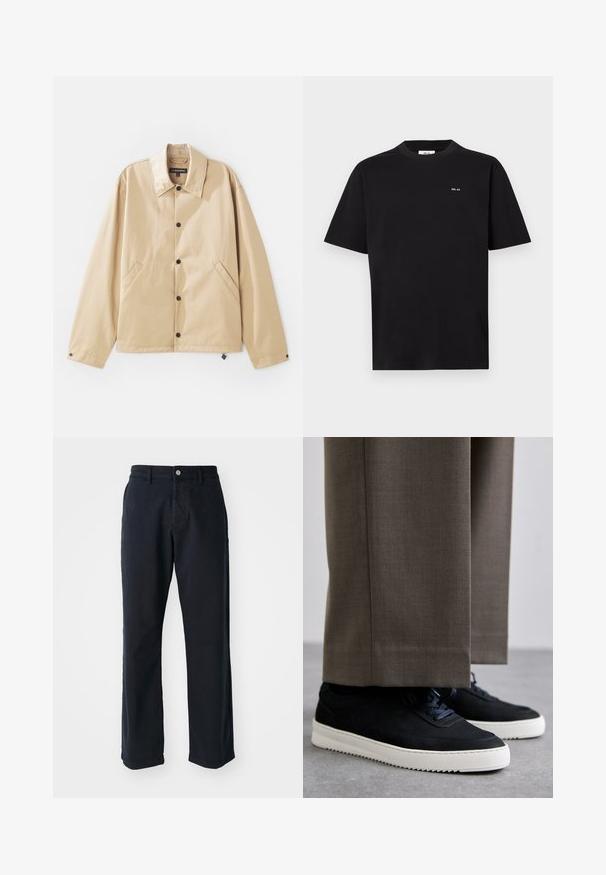 Šviesiai ruda lengva striukė su apykakle, snap užtrauktuku, šoninėmis kišenėmis ir lygia tekstūra. Viduje yra prekės ženklo etiketė.; Juoda trumpų rankovių marškinėliai su apvaliu iškirpimu ir mažu baltu "NN. 07" logotipu kairiajame krūtinės pusėje, rodomi ant balto fono.; Tamsiai mėlynos medvilninės kelnės su tiesiu kirpimu, turinčios priekinį knopkę ir dvi šonines kišenes. Lygi tekstūra, nematomi raštai.; Juodi zomšiniai sportbačiai su baltais guminiais padais, su apvalia nosimi ir raišteliais, dėvimi su pilkais pritaikytais kelnais.