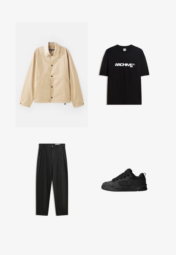 Világosbarna, könnyű dzseki, galléros nyakkal, patentos záródással, oldalsó zsebekkel és sima textúrával. Belső részen márkás címkével rendelkezik.; Fekete pamut póló, fehér "ARCHIVE inc." logóval a mellkasán, rövid ujjakkal és kerek nyakkivágással.; Fekete pamut nadrág laza szabással, klasszikus derékrésszel, elülső hajtásokkal és oldalsó zsebekkel. Simább textúra minta nélkül.; Fekete sportcipő texturált felsőrésszel, fűzőkkel, légáteresztő hálós részletekkel, párnázott bokarésszel és tartós talppal.