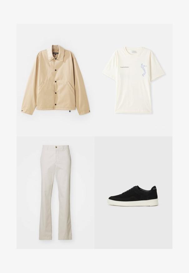 Jachetă ușoară de culoare bej, cu guler, închidere cu nasturi, buzunare laterale și o textura netedă. Include o etichetă de brand în interior.; T-shirt alb din bumbac cu mâneci scurte, având textul „United By Rhythm” în grafică neagră și albastră pe piept. Design cu guler rotund.; J.LINDEBERG LOIS CLOUD PANTS - Pantaloni - moonbeam; Adidași negri din suede cu design cu șireturi și talpă din cauciuc alb contrastant. Prezintă panouri laterale texturate și branding subtil pe toc.