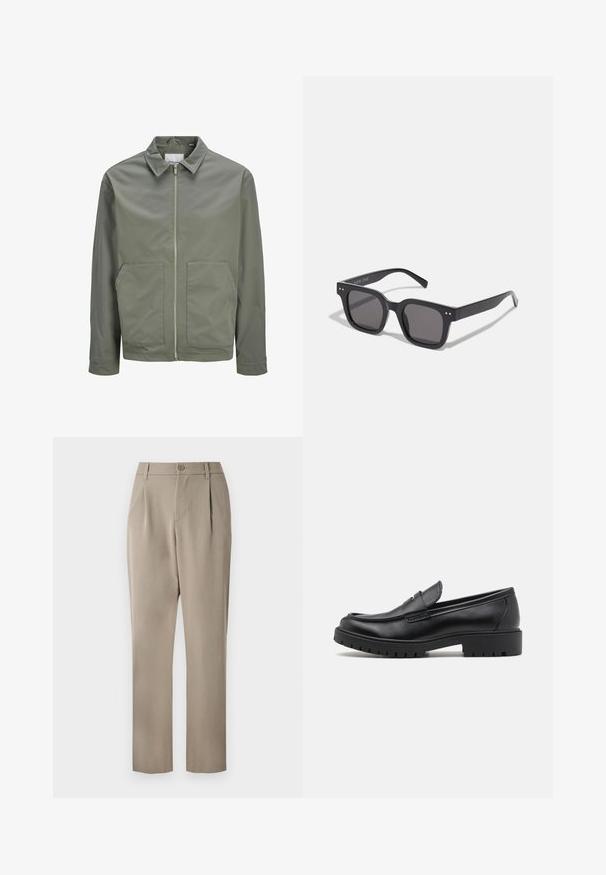 Jack & Jones JJWINSON WORKER - Skraistė - agave green; Juodas megztinis su aukštu kaklu, pagamintas iš minkštos mezgimo medžiagos. Turi ilgomis rankovėmis, raukšlėtą apykaklę ir apatinę dalį. Paprastas, elegantiškas dizainas be raštų.; Chaki kelnes su tiesia kojų forma, su mygtuko uždarymu ir raukiniais priekyje. Pagamintos iš sklandaus audinio su matinio paviršiaus apdaila.; Juodos odinės loferių suapvalintu nosimi, lengvai užmaunamu dizainu ir storu guminiu padu, turinčiu tekstūruotą sukibimą. Pakeltas kulnas ir subtilios siuvimo detalės.; Juodos stačiakampės saulės akinių su tamsiais lęšiais, turinčiais storą rėmelį, subtilias detales šonuose ir be matomų logotipų, išskyrus prekės pavadinimą.