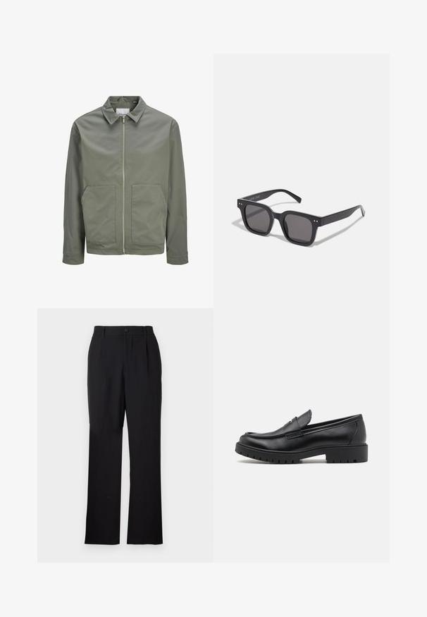 Jack & Jones JJWINSON WORKER - Letná bunda - agave green; Čierny rolák vyrobený z mäkkého pleteného materiálu. Má dlhé rukávy, rebrovaný golier a lem. Jednoduchý, elegantný dizajn bez vzorov.; Only & Sons ONSJEREMY LOOSE PANT - Nohavice - black; Čierne kožené mokasíny s okrúhlou špičkou, s designom na obúvanie a hrubou gumovou podrážkou s textúrovanou protišmykovou úpravou. Vyvýšený opatok a jemné prešívanie.; Čierne obdĺžnikové slnečné okuliare s tmavými sklami, s hrubým rámom, jemnými akcentmi na stranách a bez viditeľných log, okrem názvu značky.; Quartz hodinky Casio s čiernym ciferníkom, strieborným nerezovým remienkom, veľkými bielymi a červenými číslami a vodotesnosťou až do hĺbky 200 metrov.
