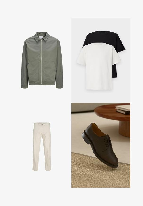 Jack & Jones WINSON zielony; Zestaw bawełnianych t-shirtów zawierający czarną i białą koszulkę, obie z krótkimi rękawami, okrągłym dekoltem i standardowym krojem. Teksturowana tkanina.; Beżowe bawełniane spodnie w prostym kroju, z guzikowym zapięciem, kieszeniami z przodu i przeszyciami. Gładka tekstura, minimalne detale i brak wzorów.; Brązowe skórzane buty wizytowe z teksturowaną cholewką, wiązanym fasonem, kontrastowym przeszyciem i trwałą gumową podeszwą, unoszące się nad plecionym dywanem.