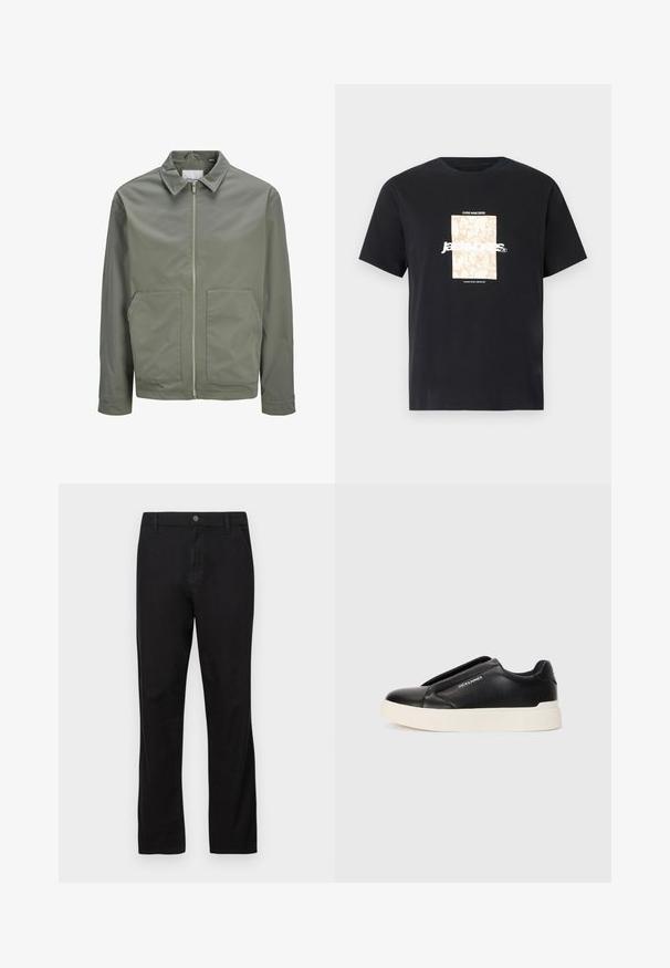 Jack & Jones JJWINSON WORKER - Ljetna jakna - agave green; Crna pamučna majica s okruglim izrezom. Ima bež pravokutni grafički prikaz i bijeli tekst "JAWO" centriran sprijeda. Kratki rukavi.; Crne pamučne hlače ravnog kroja, s kopčanjem na dugme, prednjim i stražnjim džepovima, te glatkom teksturom.; Crne slip-on tenisice s teksturiranim kožnim gornjištem, bijelim gumeni potplat i bez vidljivih vezica. Sadrži logotip marke sa strane.