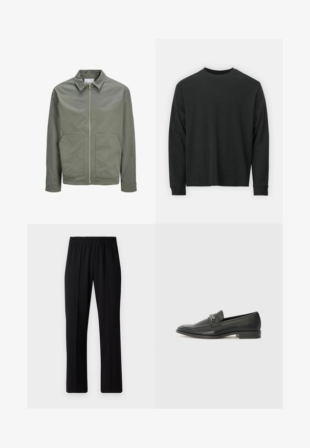 Jack & Jones JJWINSON WORKER - Nyári dzseki - agave green; Fekete, hosszú ujjú póló, 100% pamutból készült, kerek nyakkivágással, bő szabású, bordázott mandzsettákkal. Simaság jellemzi, látható mintázat nélkül.; Fekete, gumíros derekú nadrág egyenes szabással, sima felülettel, látható minták vagy fémrészek nélkül.; Fekete bőr loaferek sima felülettel, varrott mintával és díszítő fém lánccal a cipő elején. Lapos sarok.