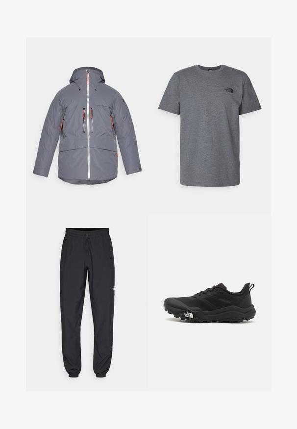 Izolowana szara kurtka z kapturem, wyposażona w czarne i pomarańczowe kieszenie zapinane na zamek, z pełnym zapięciem z przodu oraz regulowanymi mankietami. Materiał wodoodporny.; Szara bawełniana koszulka z krótkim rękawem, okrągłym dekoltem i czarnym logo nadrukowanym na górnej lewej piersi. Miękka faktura i luźny krój.; Czarne spodenki sportowe wykonane z lekkiego materiału, z elastycznym pasem na sznurek, bocznymi kieszeniami i zwężanymi mankietami przy kostkach.; Czarne buty do biegania w terenie z teksturowaną cholewką, gumową podeszwą i wzmocnionym noskiem. Posiadają wyściełany kołnierz oraz uchwyt do łatwego zakładania.