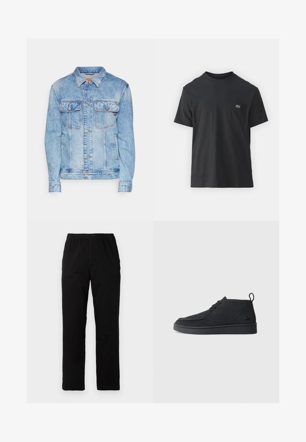 Φωτεινό μπλε τζάκετ από τζιν με πιεσμένο πέτο, δύο μπροστινές τσέπες και κουμπιά. Διαθέτει ελαφρώς ξεθωριασμένη υφή και κλασικό σχέδιο.; Μαύρο βαμβακερό t-shirt με κοντά μανίκια, στρογγυλή λαιμόκοψη και μικρό πράσινο λογότυπο στην αριστερή τσέπη του στήθους. Απλός σχεδιασμός, κανονική εφαρμογή.; Μαύρο παντελόνι από ύφασμα με βαμβακερό μίγμα, με ίσια γραμμή, ελαστική μέση με κουμπί και χωρίς ορατά σχέδια ή διακοσμητικά.; Μαύρη σουέτ μποτάκι ankle με κορδόνια, με θηλιά και υφασμένο πάτο, διαθέτοντας μικρό ανάγλυφο λογότυπο κροκόδειλου στο πλάι.