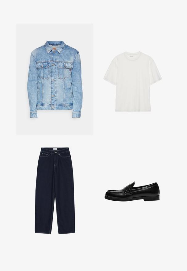 Ljusblå denimjacka med spetsig krage, två framfickor och knäppning med knappar. Har en något urtvättad textur och en klassisk design.; Vit bomull t-shirt med korta ärmar, rund hals och kontrasterande sömdetalj runt halsringningen och ärmarna.; Mörkblå denimbyxor med vida ben, kontrasterande sömmar, framfickor och knäppning. Ren, rak skärning utan prydnader.; Svart läderloafer med en slät yta, med en sömdetalj på ovansidan och en låg, solid svart gummisula.