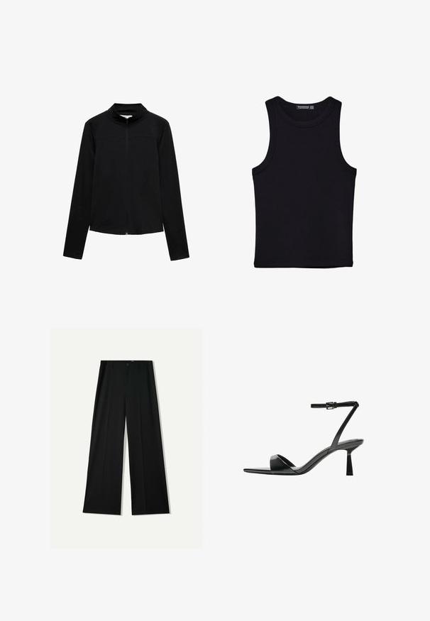 Mango Letná bunda - black; Čierny tank top vyrobený z bavlny, s okrúhlym výstrihom a širokými ramienkami. Hladká textúra so zošitými okrajmi. Klasický, minimalistický dizajn.; Bershka WIDE - Nohavice - black; Bershka Sandále na vysokom opätku - black