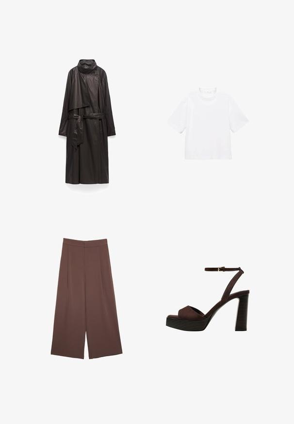 Lungo cappotto nero realizzato in materiale lucido, caratterizzato da un alto collo, design avvolgente e vita con cintura. Include maniche lunghe e morbide e dettagli minimi.; T-shirt bianca in cotone a maniche corte con scollatura rotonda. Design semplice, vestibilità ampia, texture liscia. Nessun motivo o accento visibile.; Pantaloni ampi marroni con una texture liscia, caratterizzati da una vita alta e pieghe frontali. Il tessuto è leggero e scorre liberamente.; Sandal in camoscio marrone con tacco alto, punta aperta, cinturino alla caviglia regolabile e suola a piattaforma striata.
