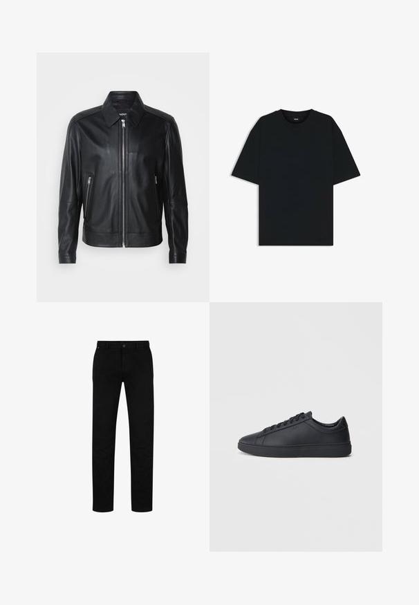 Svart läderjacka med krage, framzipperad stängning, två fickor med dragkedja på sidorna och strukturerade axlar. Slät textur över hela jackan.; Svart bomullströja med rund hals och korta ärmar. Har en lös passform och en enkel design utan mönster eller accenter.; Svarta bomullsbyxor med rak passform, med knappstängning, bälteshällor och minimalistisk design. Slät textur, utan mönster.; Svarta sneakers i slätt läder med låg design, rund tå och platt gummisula. Har snörning och subtil branding.