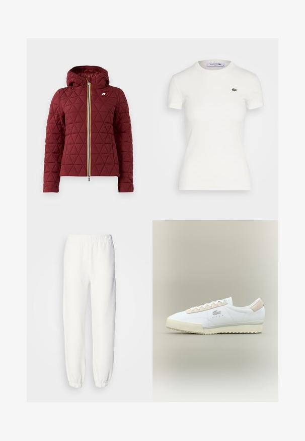 Bordový prošívaný kabát s kapucí, který má přední zip se multifunkčním páskem. Na hrudi je viditelný diamantový vzor a detaily s logem.; Bílý krátký rukáv žebrované tričko s kulatým výstřihem a malým zeleným logem krokodýla Lacoste na levé hrudi. Hladká bavlněná tkanina.; Bílé tepláky vyrobené z měkké pleteniny. Elastický pás a manžety zajišťují pohodlný střih. Minimalistický design, žádné viditelné vzory nebo akcenty.; Bílé kožené tenisky s akcentem z béžové semiše. Mají zaoblenou špičku, ploché tkaničky a texturovanou podrážku. Logo Lacoste na boku.