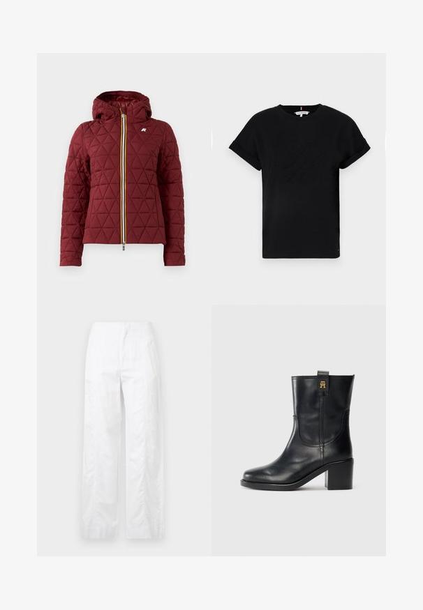 Bordó steppelt dzseki kapucnival, elülső cipzárral és többszínű szalaggal. A mellkason látható gyémánt mintázat és logó részlet.; Fekete pamut póló, feltekerhető rövid ujjal, középen domború logóval és egy kis zászló részlettel az oldalon.; Fehér, széles szárú nadrág könnyű anyagból, sima textúrával, letisztult vonalakkal és magasderék kialakítással.; Fekete bőr, vádlimegyező csizma tömbsarokkal és arany "TH" logóval a húzófülen, fehér háttér előtt.