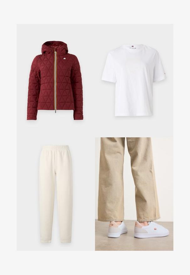 Crimson quilted jacket with a hood, featuring a front zipper with a multi-colored tape. Diamond pattern and logo detail on the chest are visible.; White cotton T-shirt with a crew neck, short sleeves, and subtle yellow logo design reading "HILFIGER NEW YORK 1985." Standard fit.; Cream-colored sweatpants made of soft fabric. Features an elastic waistband and tapered leg design with subtle stitching details.; White sneakers with a smooth leather finish, featuring a beige suede accent on the heel and subtle branding. Paired with light beige pants.