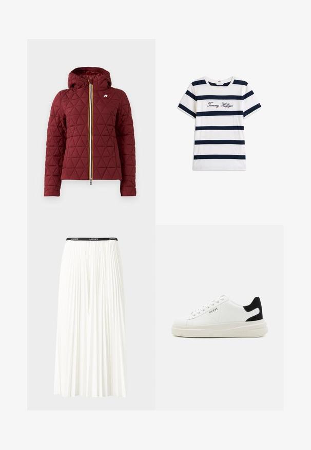 Czerwona pikowana kurtka z kapturem, z przednim zamkiem błyskawicznym i wielokolorową taśmą. Widoczny wzór w diamenty oraz detal z logo na klatce piersiowej.; Bawełniana koszulka z poziomymi granatowymi paskami na białym tle. "Tommy Hilfiger" wyszyte kursywą na klatce piersiowej. Okrągły dekolt.; Plisowana biała spódnica z czarnym elastycznym pasem z logo "LACOSTE". Średniej długości, o miękkiej teksturze.; Białe skórzane sneakersy z grubą białą podeszwą, czarnym zamszowym akcentem na pięcie oraz wytłoczonym logotypem z boku. Projekt z sznurówkami i sześcioma dziurkami.