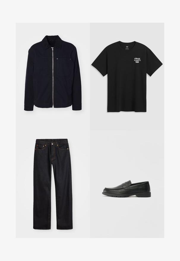 Dark navy blue jacket made of durable fabric, featuring a zip front, corduroy collar, and side pockets with a single chest pocket.; Black cotton t-shirt featuring a chest print that reads "HOUSE PLANTS" in white stylized font with "Levi's" below. Classic crew neckline.; Men’s straight-leg black denim jeans with five pockets and orange stitching, button and zip closure on front waistband.; Black leather loafers with a smooth finish, moccasin-style upper, stitched detailing, and a rubber sole. Classic design with a low heel.
