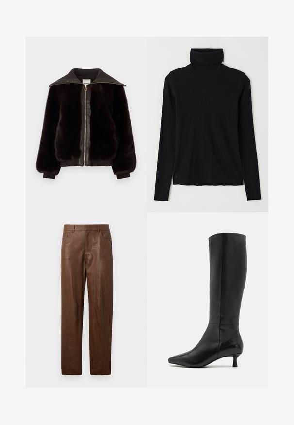 Faux fur bomber jacket in dark brown with a leather front, gold zipper, and ribbed cuffs and collar for added texture and contrast.; Black turtleneck sweater made of ribbed fabric. Long sleeves, close-fitting design, and a slightly relaxed hem with no visible patterns or hardware.; Brown leather pants with a smooth texture, straight leg design, and two side pockets. Features visible stitching details.; Zign Boots - black