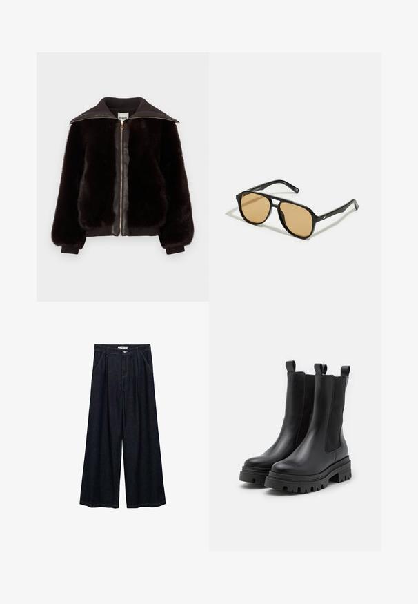 Chaqueta bomber de piel sintética en marrón oscuro con parte delantera de cuero, cremallera dorada y puños y cuello acanalados para mayor textura y contraste.; Camiseta blanca de algodón con mangas cortas, cuello redondo y dobladillo recto. Textura suave, diseño minimalista sin patrones ni adornos.; Pantalones de mezclilla oscuros de pierna ancha con una cintura alta, que cuentan con un cierre de botón en la parte delantera, dos bolsillos laterales y detalles de costura.; Botas de tobillo de cuero negro con paneles elásticos en los laterales y tiradores. Suelas de goma gruesa con patrones de relieve profundos para mayor tracción.; Gafas de sol negras con lentes de color marrón; forma rectangular con un marco grueso, incluyendo sutiles acentos de hardware en las patillas.