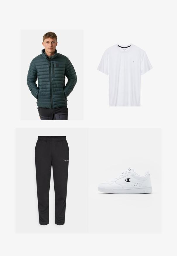 Donkergroen pufferjack met horizontale gestikte structuur, hoge kraag, rits aan de voorkant en borstzak. Lichtgewicht en een gladde textuur.; Witte crewneck t-shirt van katoen, met korte mouwen en een klein logo geborduurd op de linkerborst. Zachte textuur.; Zwarte sweatpants van een katoenmix, met een elastische tailleband en een klein wit logo aan de linkerkant. Tapered ontwerp van de broekspijpen.; Witte sportschoenen met een glad bovenwerk van synthetisch materiaal, zwarte logoaccenten en geperforeerde details aan de zijkant. Rubberen zool.