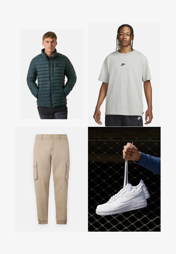 Dark green puffer jacket with horizontal quilted design, high collar, zippered front, and chest pocket. Lightweight and smooth texture.; Young person with braided hair wearing a light gray Nike T-shirt and black Nike shorts against a plain white background.; Beige cargo pants in a lightweight cotton material. Features elastic cuffs, multiple side pockets, and a button closure.; White leather sneakers with perforations, round toe, flat sole, and thick laces, featuring a visible swoosh logo and "AIR" on the heel.