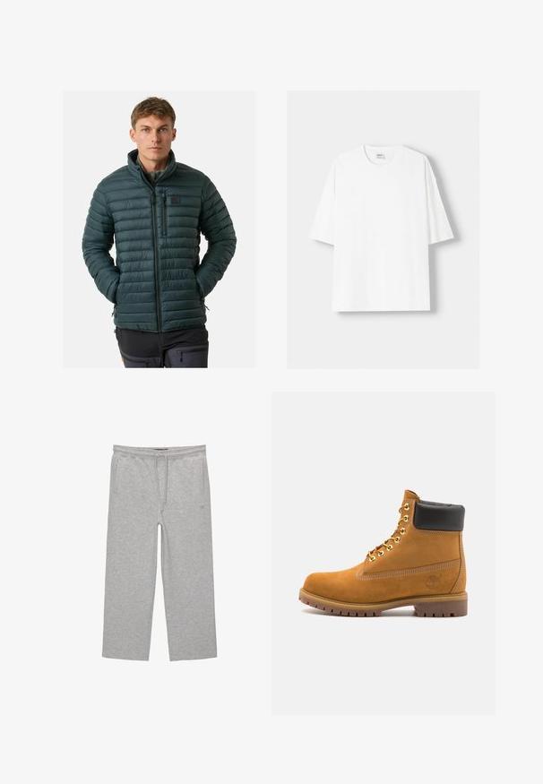 Donkergroen pufferjack met horizontale gestikte structuur, hoge kraag, rits aan de voorkant en borstzak. Lichtgewicht en een gladde textuur.; Witte t-shirt met korte mouwen, gemaakt van katoen, met een ronde halslijn en een relaxte pasvorm. Gladde textuur, zonder zichtbare patronen of accenten.; Grijze katoenen loungebroeken met een elastische tailleband, trekkoord en twee zijzakken; rechte pijpen, zachte textuur, zonder patronen.; Tan suède enkelboot met zwart gevoerd kraagje, gouden metalen oogjes, witte stikdetails en een robuuste rubberen zool met uitgesproken profiel.