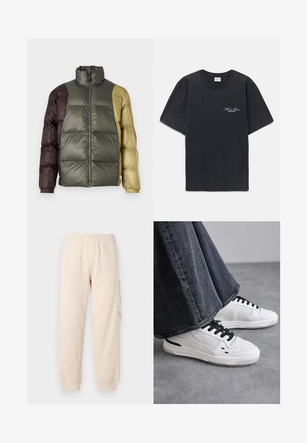 Värvide plokiga pustjakott kõrge kraega, ees oleva lukuga ja pikkade varrukatega oliivirohelise, pruuni ja beeži tooni.; Must have lühikesed varrukad ümmarguse kaelusega must T-särk, millel vasakul rinnal on väike valge "Filling Pieces" teksti logo.; Bežid jogger püksid, mis on valmistatud pehmest kangast, millel on elastne vöökoht ja kummist pahkluud. Küljel on peenelt reljeefne logo.; Valged sneakerid mustade paelte ja võrgukaunistustega. Omavad siledat nahast ülemist osa ja tekstureeritud kummist tallat. Kombineeritud laiade hallide teksadega.