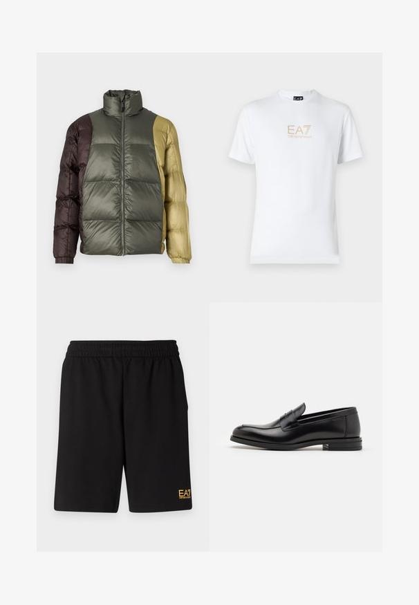 Színblokkolt puffermellény magas gallérral, elülső cipzárral és hosszú ujjakkal, olívazöld, barna és bézs árnyalatokban.; Fehér pamut póló, kerek nyakkivágással és rövid ujjakkal, az elején arany EA7 Emporio Armani logóval nyomtatva.; Fekete sportnadrág puha anyagból, rugalmas derékkal és egy kis sárga EA7 logóval a bal alsó lábszáron.; Fekete bőr loaferek sima textúrával, kerek orral és dekoratív pánttal a vampnál. Alacsony, rétegelt sarkú, minimalista dizájn.