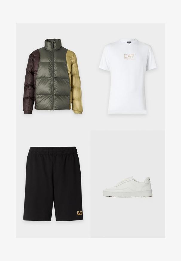 Farveblokket puffjakke med høj krave, frontlynlås og lange ærmer i olivengrønne, brune og beige nuancer.; Hvid bomulds t-shirt med rund halsudskæring og korte ærmer, prydet med et gold EA7 Emporio Armani logo trykt på forsiden.; Sorte atletiske shorts lavet af blødt stof, med en elastisk talje og et lille gult EA7-logo nederst på venstre ben.; Hvide lædersneakers med en glat overflade, rund tå, flade snørebånd og en tekstureret sål. Har et diskret logo på hælen.