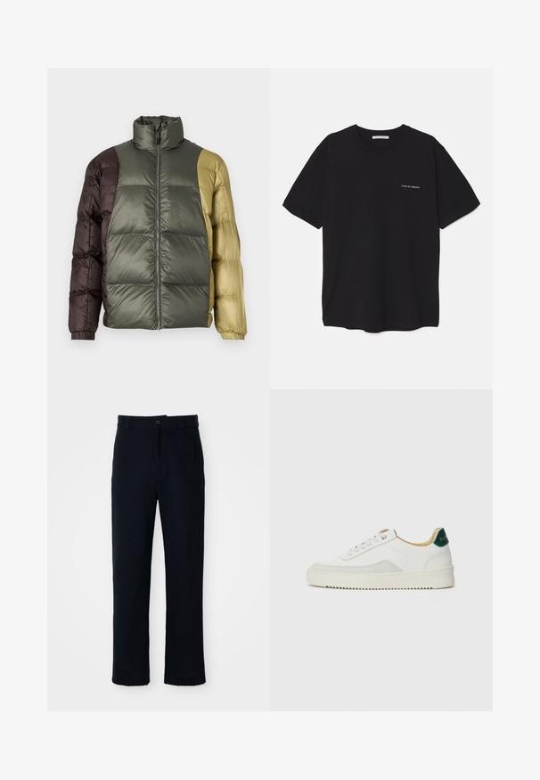 Värvide plokiga pustjakott kõrge kraega, ees oleva lukuga ja pikkade varrukatega oliivirohelise, pruuni ja beeži tooni.; Must musta T-särk, ümar kaelus, lühikesed varrukad ja valge logo trükk vasakul rinnal. Lihtne, ühtlane värvitoon.; Tumed sinelased püksid puuvillast, sirge lõikega, eesnupu sulgemisega ning klassikalise vöökohaga, kus on vööaasad.; Valged tennisjalanõud, millel on sametised aktsendid, ümar varvas, lame nöörid ja kreemjas kummine põhja. Hästi nähtav roheline bränding kannal.