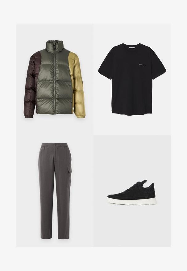 Värvide plokiga pustjakott kõrge kraega, ees oleva lukuga ja pikkade varrukatega oliivirohelise, pruuni ja beeži tooni.; Must musta T-särk, ümar kaelus, lühikesed varrukad ja valge logo trükk vasakul rinnal. Lihtne, ühtlane värvitoon.; Hallid hallid püksid, millel on mugav lõige, valmistatud siledast kangast. Varustatud nupukinnisega, küljetaskute ja säärel oleva kargo-taskuga.; Must mustel kingad valge kummist tallaga, millel on toon-toonis õmblused ja paeltega disain. Sile tekstuur ja moodne, voolujooneline kuju.