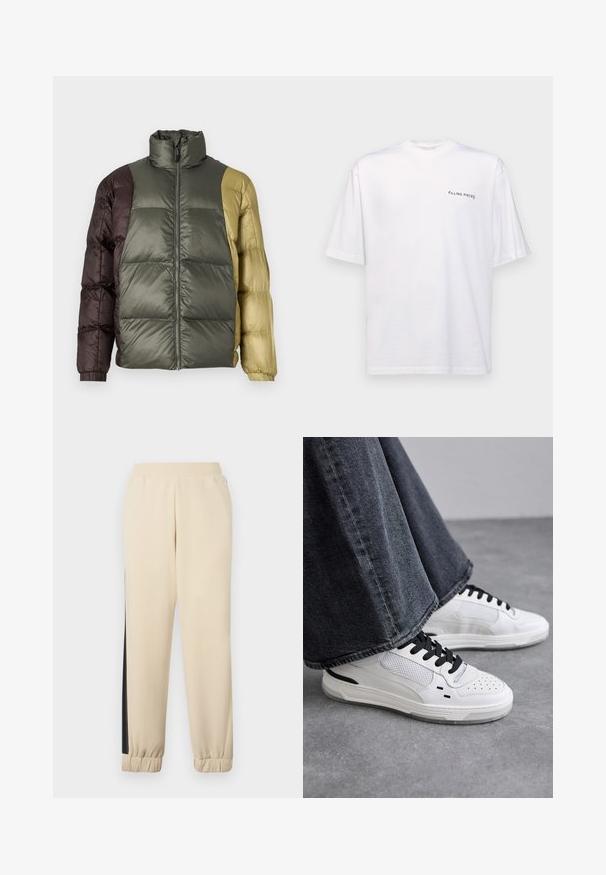Krāsu bloku puffa jaka ar augstu apkakli, priekšējo rāvējslēdzēju un garām piedurknēm olīvzaļā, brūnā un bēšā krāsā.; Baltas īsām piedurknēm T-kreklis no kokvilnas ar V veida kakla izgriezumu, uz kura kreisajā pusē ir melns "FILLING PIECES" logo.; Krēmkrāsas sporta bikses ar melnām sānu joslām, elastīgu jostasvietu un ribotu piedurkni. Mīksta auduma, ar brīvu piegriezumu.; Baltas sneakers ar melnām auklām un sieta detaļām. Iekļauj gludu ādas virsu un strukturētu gumijas zoli. Pāris ar platām pelēkām džinsām.