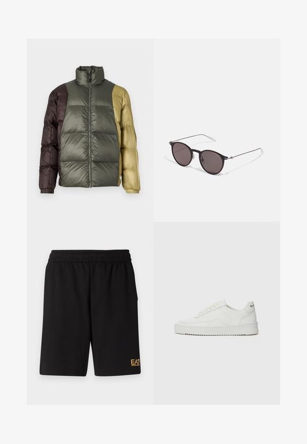 Kurtka puchowa z blokowaniem kolorów, z wysokim kołnierzem, przednim zamkiem i długimi rękawami w odcieniach oliwkowej zieleni, brązu i beżu.; Czarny bawełniany T-shirt z okrągłym dekoltem, krótkimi rękawami oraz białym logo "EMPORIO ARMANI" nad napisem "Milano" w zakrzywionym kształcie.; Czarne sportowe szorty wykonane z miękkiego materiału, z elastycznym paskiem w talii oraz małym, żółtym logo EA7 na dolnej lewej nodze.; Białe skórzane sneakersy o gładkim wykończeniu, okrągłym nosku, płaskich sznurówkach i teksturowanej podeszwie. Charakteryzują się delikatnym logo na pięcie.; Czarne okrągłe okulary przeciwsłoneczne z ciemnymi soczewkami i smukłymi metalowymi ramkami. Zawierają przezroczyste końcówki zauszników oraz srebrne akcenty przy zawiasie. Minimalistyczny design.