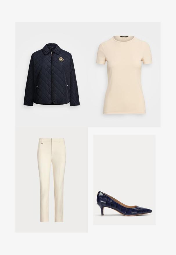 Casaco acolchoado azul-marinho com fecho zip, colarinho, bolsos laterais e um emblema bordado. O tecido parece suave e leve.; T-shirt bege de manga curta feito de tecido macio. Apresenta um decote redondo e um design ajustado. Sem padrões ou detalhes visíveis.; Calças sob medida de cor creme com um corte reto, apresentando uma textura suave, bolsos frontais e um acento metálico subtil na cintura.; Shoe de salto alto de verniz azul-marinho, com bico fino e um salto pequeno e estreito. Apresenta uma textura acolchoada e sem detalhes metálicos visíveis.