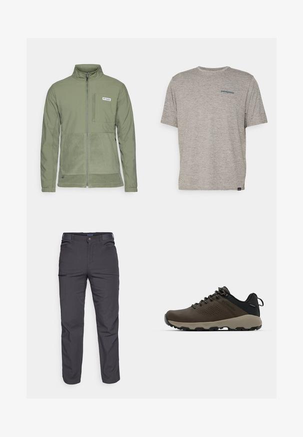 Columbia UNCHARTED™ FULL ZIP - Flisinė striukė - cypress; Pilkas trumpas rankovės marškinėliai, pagaminti iš minkštos, tekstūruotos medžiagos, ant kairiojo krūtinės puikuojasi mažas mėlynas Patagonia logotipas. Be papildomų raštų.; Tamsiai pilki kelnės, pagamintos iš patvarios medžiagos, su užtrauktuku užsegamu kišeniu, tiesiu kirpimu ir diržo kilpom pritaikytiems dydžiams.; Rudi nepralaidūs sportbačiai su tekstūruota viršutine dalimi, perforuotomis detalėmis, juodu kulno palaikymu ir pilku guminio padu. Šniūreliai yra dekoruoti metaliniais galais.