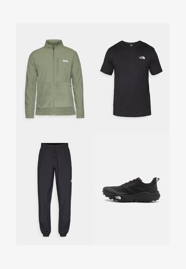 Columbia UNCHARTED™ FULL ZIP - Polárdzseki - cypress; Fekete rövidujjú pamut póló, kerek nyakkivágással, a bal felső mellkason egy kis fehér logóval.; Fekete sportnadrág, könnyű anyagból készült, húzózsinóros derékkal, oldalsó zsebekkel és szűkített szárakkal a bokáknál.; Fekete terepfutó cipő, textúrált felső résszel, gumitalppal és megerősített lábujjrészével. Párnázott bokarésszel és húzófüllel rendelkezik a könnyű felhúzáshoz.