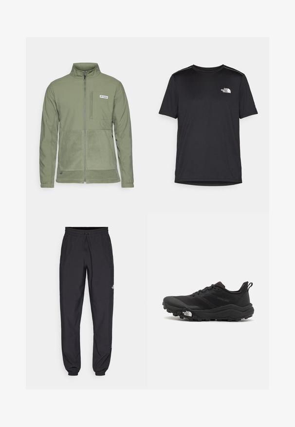 Columbia UNCHARTED™ FULL ZIP - Jachetă din fleece - cypress; Tricou negru cu mânecă scurtă, realizat dintr-un material ușor. Prezintă un mic logo alb pe pieptul stâng și accente subtile pe umeri.; Pantaloni atletici negri, confecționați dintr-un material ușor, cu un tiv elastic la talie, buzunare laterale și tivuri ajustate la gleznă.; Pantofii de alergare pe teren accidentat, de culoare neagră, cu un superior texturat, talpă din cauciuc și vârf întărit. Prezintă un guler căptușit și o bandă de prindere pentru îmbrăcare ușoară.