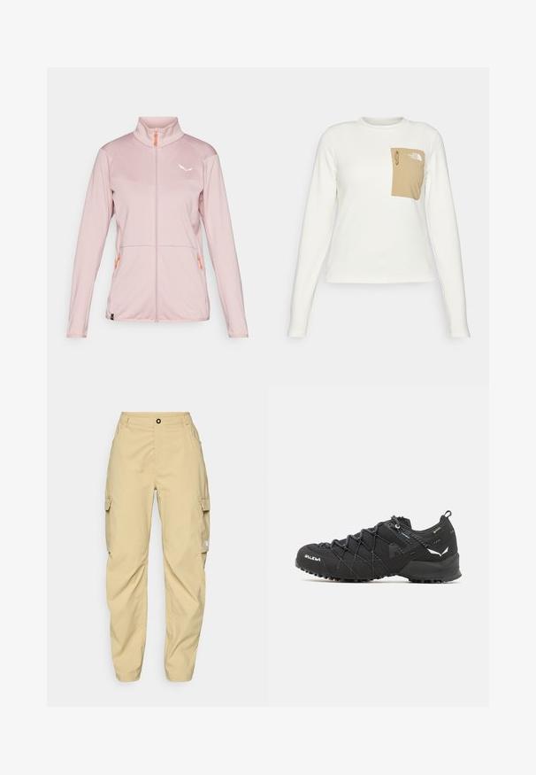 Lichtroze zip-up jas met hoge kraag, textielstof, contrasterende oranje rits, wit logo op de borst en twee zijzakken.; Witte longsleeve shirt gemaakt van een gestructureerde stof met een beige patch zak voorzien van een trekkoord en logo.; The North Face EXPLORATION CARGO PANTS - Outdoorbroeken - khaki stone; Zwarte wandelschoenen met een bovenkant van textuurstof, een vetersysteem en een robuuste rubberen zool. Verfraaid met reflecterende details en logo's.