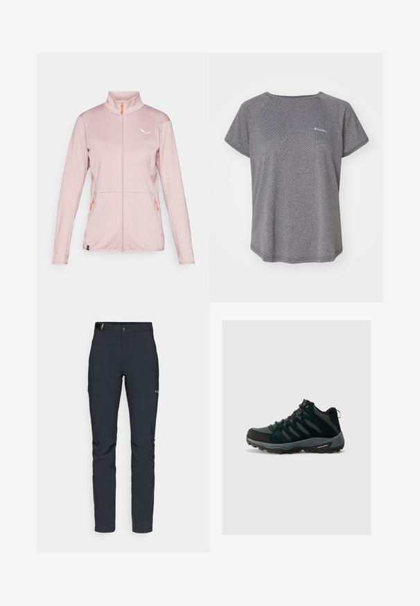 Gaiši rozā jaku ar rāvējslēdzēju un augstu apkakli, strukturēts audums, kontrastējošs oranžs rāvējslēdzējs, balts logo uz krūtīm un divas sānu kabatas.; Pelēka īsām piedurknēm krekls ar smalku teksturētu rakstu, apļveida kakla izgriezumu un Columbia logo uz krūtīm. Mīksta auduma, brīvā piegriezumā.; Vīriešu āra bikses, tumši pelēkā krāsā, izgatavotas no elastīga materiāla, ar jostu, kabatām ar rāvējslēdzēju un pastiprinātām šuvēm.; Columbia REDMOND - Pārgājienu apavi - black/citron haze