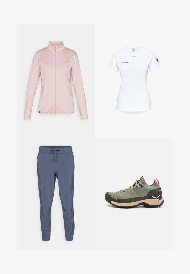 Helle rosa Zip-Jacke mit hohem Kragen, strukturiertem Stoff, kontrastierendem orangefarbenem Reißverschluss, weißem Logo auf der Brust und zwei Seitentaschen.; Kurzärmliges weißes Sportshirt mit Rundhalsausschnitt, das ein Logo auf der Brust und eine glatte, leichte Stofftextur aufweist.; Patagonia TERREBONNE JOGGERS - Outdoor-Hose - smolder blue; Leichter grüner Wanderschuh aus Mesh und Gummi, mit schwarzem Profilsohle, rosa und orangefarbenen Akzenten sowie verstärkter Zehenkappe.