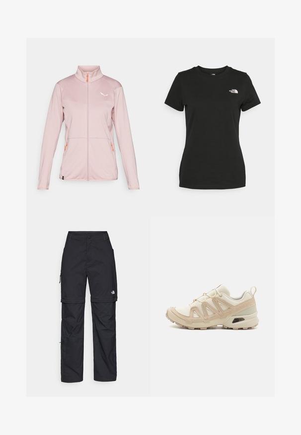 Heled roosa lukuga jakk kõrge kraega, tekstureeritud kangast, kontrastse oranži lukuga, valge logo rinnal ja kaks küljetaskut.; Mustvalge puuvillane t-särk, millel on ümber kaeluse lõige ja lühikesed varrukad. Märkimisväärne valge logo vasakul ülal nurgas. Sile tekstuur, mugav lõige.; Mustad nailonist valmistatud eemaldatavad cargo-püksid, reguleeritavate pahkluudega, mitmete taskutega ja paremal jalal logoga. Sile, kerge tekstuur.; Beež ja koobalti spordijalats tekstureeritud võrkkattega, toetavad ülemised kihid ja kummist tallaga, millel on mustriga joonistus haardeks.