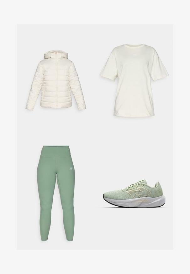 Fehér puffertömegű kabát kapucnival, cipzáros záródással, két oldalsó zsebbel és vízszintes steppelt mintával. A logó diszkrét módon helyezkedik el elöl.; Világos bézs színű pamut póló rövid ujjal, kerek nyakkal, és a mellkas közepén egy kis fehér Puma logóval. Puha, laza szabású.; Magas derekú leggings, tompított zöld anyagból, sima textúrával és feszes szabással. Kis logó sötétszürke színben a comb felső részén.; Világoszöld futócipő, texturált felső résszel, fehér középtalppal és fekete talppal. Díszítő elemekkel és légáteresztő hálós kialakítással rendelkezik.