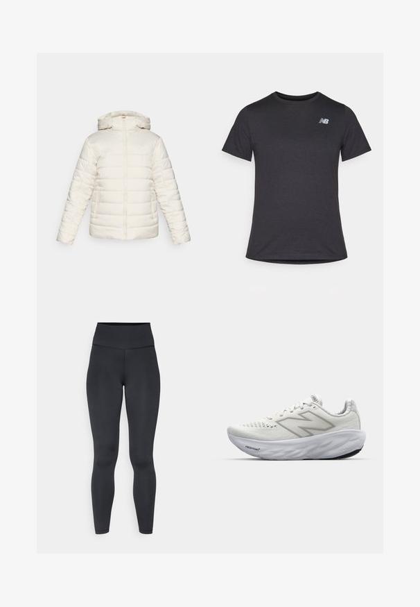 Weiße Puffjacke mit Kapuze, ausgestattet mit einem Reißverschluss, zwei Seitentaschen und horizontalem Steppmuster. Logo dezent auf der Vorderseite.; Schwarzes Kurzarm-T-Shirt aus weichem Stoff, mit einem kleinen grauen New Balance-Logo auf der linken oberen Brust, klassisches Rundhals-Design.; Hoch geschnittene schwarze Leggings aus dehnbarem Material, mit glatter Textur und enganliegendem Design, minimalen Nähten.; Weiße Sportschuhe mit einem Mesh-Obermaterial, einem gepolsterten Kragen, einer strukturierten Sohle und der "Fresh Foam"-Markierung in der Zwischensohle.