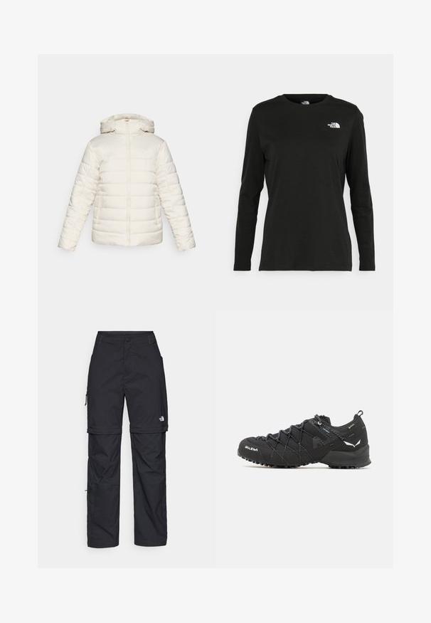 Biely prešívaný kabát s kapucňou, so zipsovým zapínaním, dvoma bočnými vreckami a horizontálnym prešívaním. Logo nenápadne na prednej strane.; Čierne tričko s dlhým rukávom vyrobené z bavlny s okrúhlym výstrihom. Obsahuje malé biele logo na ľavej strane hrudníka. Jednoduchý dizajn a strih.; Čierne nylonové cargo nohavice s odnímateľnými nohavicami, nastaviteľnými manžetami, viacerými vreckami a logom na pravej nohe. Hladká, ľahká textúra.; Čierne turistické topánky s textúrovaným textilným zvrškom, viazacím systémom a robustnou gumovou podrážkou. Ozdobené reflexnými detailmi a logami.