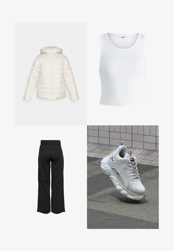 Valkoinen puffatakkia, jossa on huppu, vetoketjulla varustettu suljenta, kaksi sivutaskua ja vaakasuora tikkauskuvio. Logo on huomaamaton edessä.; Valkoinen ribbattu hihaton toppi, jossa on pyöreä pääntie ja lyhyt malli. Tunnuslukuna lukee "JJXX". Sujuva kangas.; Mustat, leveälahkeiset housut, joissa on joustava vyötärö, valmistettu sileästä kankaasta. Ominaisuuksia ovat puhdas muotoilu ilman taskuja tai näkyviä ompelusaumoja.; Valkoiset tennarit, joissa on verkko- ja nahkamateriaaleja, pyöreä kärki, paksu pohja, erottuvat nauhat sekä brändäys kantapäässä ja kielessä.