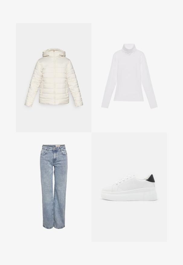 White puffer jacket with a hood, featuring a zip closure, two side pockets, and horizontal quilted pattern. Logo subtle on the front.; White long-sleeve turtleneck top made of smooth, stretchy fabric. Features a high collar and fitted design, with no visible patterns or embellishments.; Light blue wide-leg jeans made from denim, featuring a high waist, five-pocket design, and subtle fading for a worn-in look.; White platform sneakers made of smooth synthetic material, featuring a rounded toe, lace-up design, and a textured rubber sole. Black heel accent.
