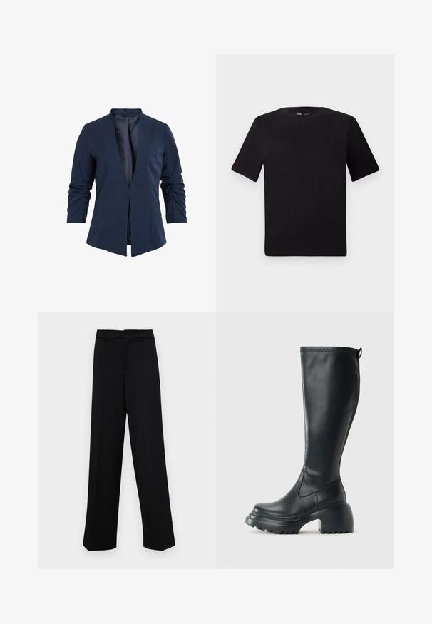 Navy blazer in a smooth fabric with a deep V-neck, long sleeves, and gathered detailing on the sleeves. Open front design.; Black short-sleeve t-shirt with a round neckline, crafted from soft cotton fabric. Simple design, no visible logos or patterns.; Black wide-leg trousers made of smooth fabric, featuring a classic waistband with a button closure and front pleats.; Tall black leather boot with chunky platform sole and block heel, featuring pull tab and textured tread on outsole.