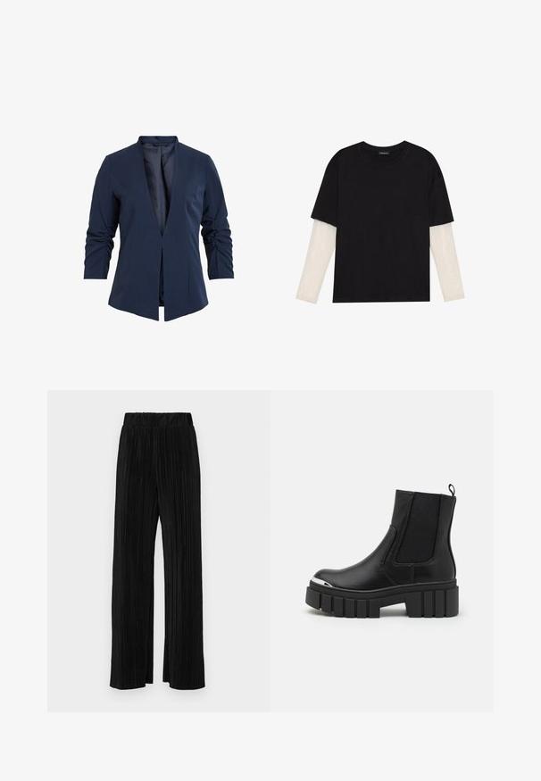 Mörkblå kavaj i en slät tygkvalitet med djup V-ringning, långa ärmar och gathersömnad på ärmarna. Öppen framsida.; Svart t-shirt i bomull, med korta ärmar över ett vitt långärmat lager med en subtil texturdesign. Rundad halsringning.; Svarta plisserade byxor med resårmidja. Har vida ben och ett mjukt, texturerat material med vertikala ränder.; Svarta anklarstövlar i slätt läder med elastiska paneler, en tjock plattformsula och en metallisk tå.